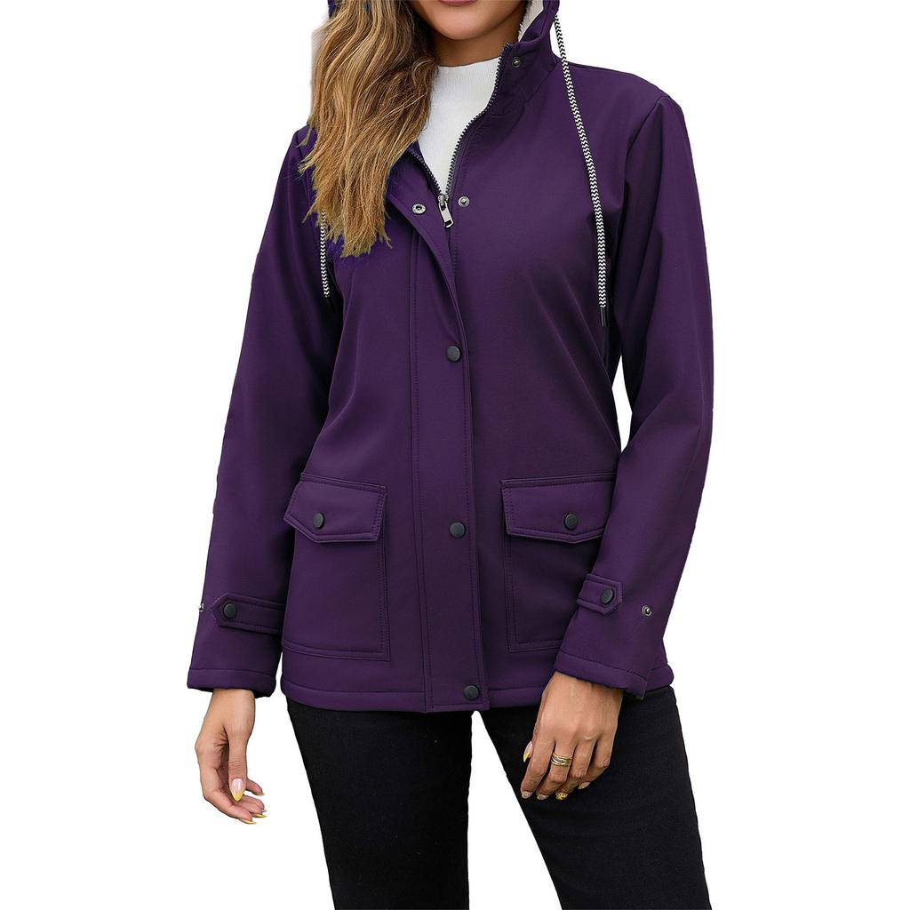 Women's Fashionable Solid Color Long Sleeved Hooded Zipper Windbreaker Composite Velvet Waterproof Jacket