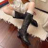 2025 Newest Cowboy Boots Knee High Rivet Leather Luxury Concise Sexy Pointed Toe Square Heels Side Zipper Women Shoes