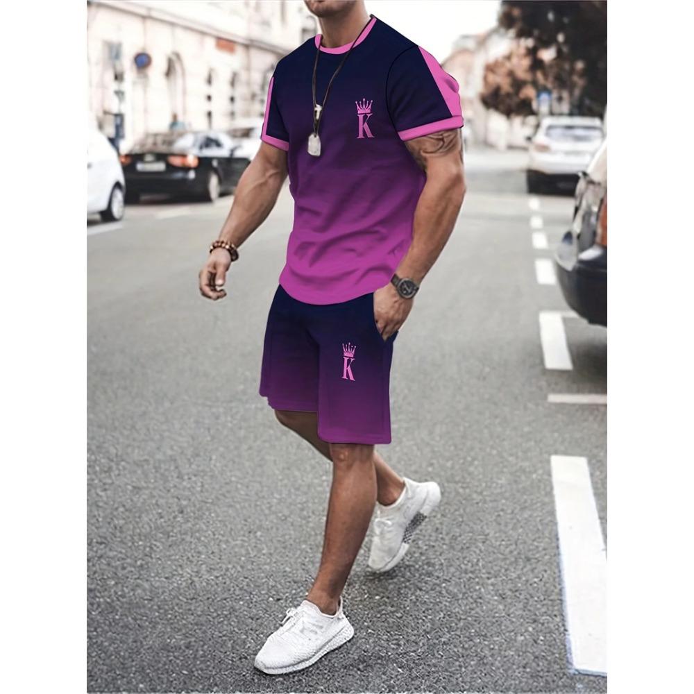 Summer Casual Men's Adult Set 3D Printed Pattern Men's Short-Sleeved T-shirt Set Gradient Cool Casual Sports Shorts two-Piece