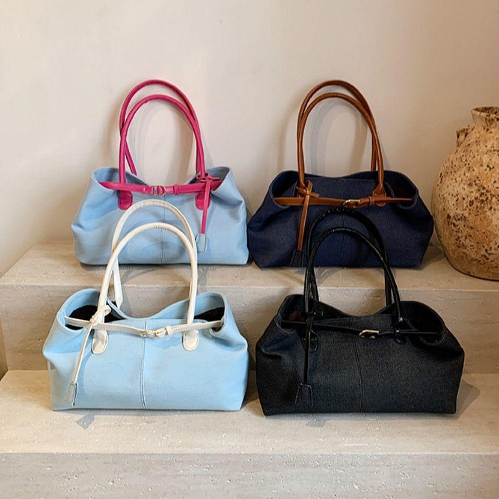 Patchwork Color Vintage Armpit Bag Hasp Closure Casual Tote Bag Denim Shoulder Bag Students