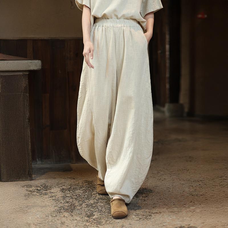 

Johnature Women Vintage Bloomers Pants Spring Solid Color Chinese Style Elastic Waist Loose Pants M светло-желтого