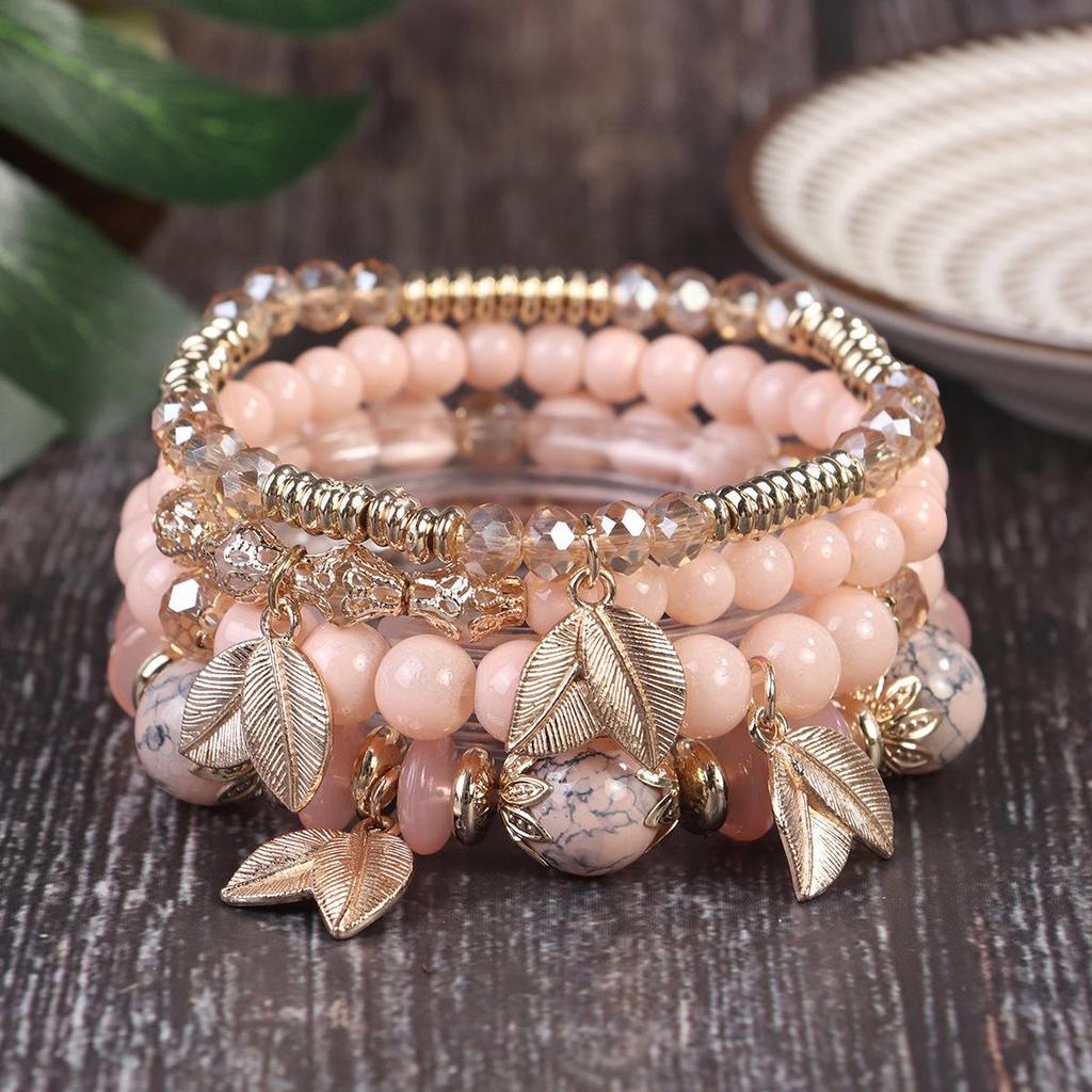 Bohemian Retro Beaded Bracelet with Leaf Pendant and Crystal Accents
