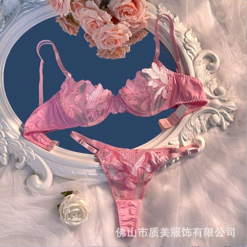 Sexy underwire ultra-thin bra set, big breasts, small transparent lace princess erotic underwear