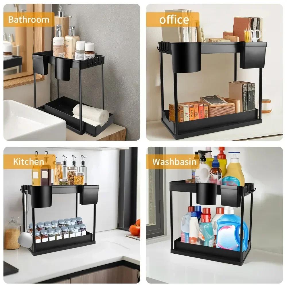 2 Tier Under Sink Storage Kitchen Organiser Sliding Storage Under Sink shelf Multi-Purpose Organisation Bottom Slide Out Basket