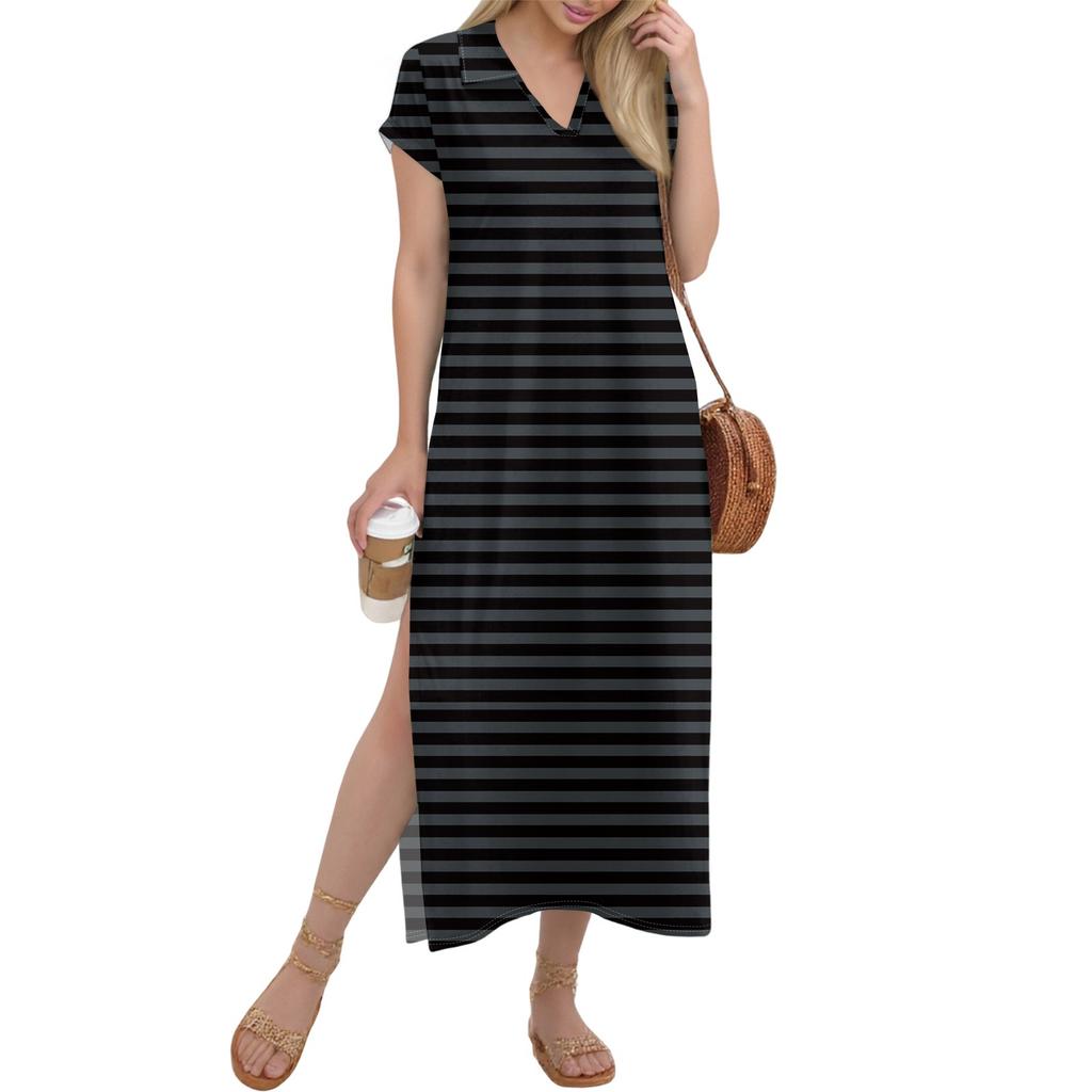 Women's Long Skirt Casual V-neck Long Shirt Dress Loose Slit Holiday Short Sleeve Dress