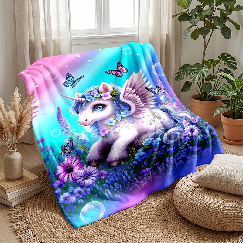 Fantasy Unicorn with Flowers Theme Blanket Lightweight Warm Flannel Blanket Decorative Throw Blanket for Home Decoration