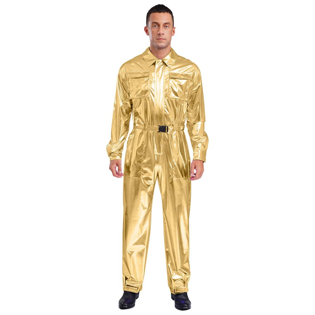 Glanzende Metallic Turn-down Kraag Lange Mouwen Hoge Taille Jumpsuit Heren Halloween Kostuum