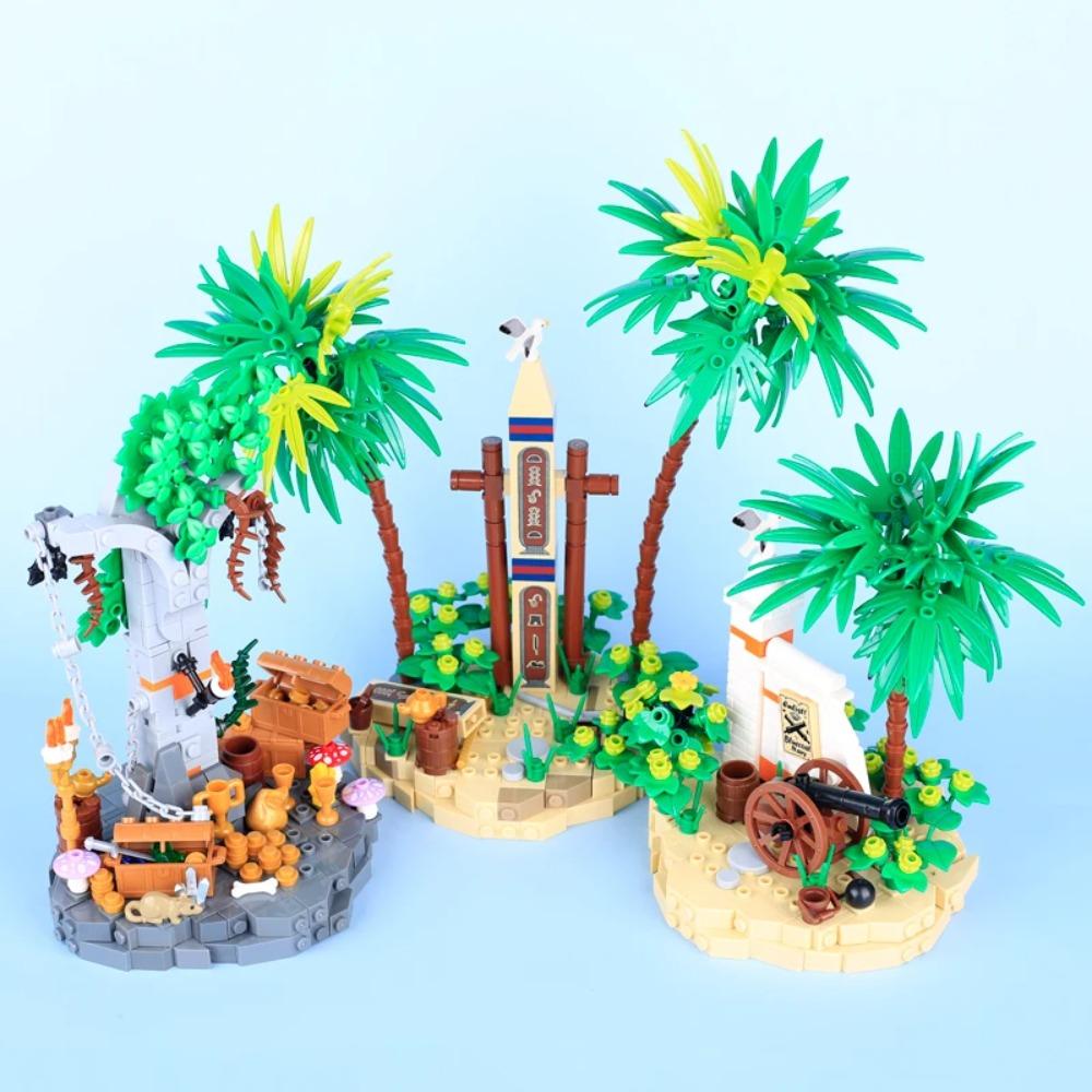 MOC Mittelalterliche Piratenbar Modellbausteine Set Papagei Blockhütte Inselhaus Lagerfeuer Baum Segelboot Schiff Steine Spielzeug Geschenk