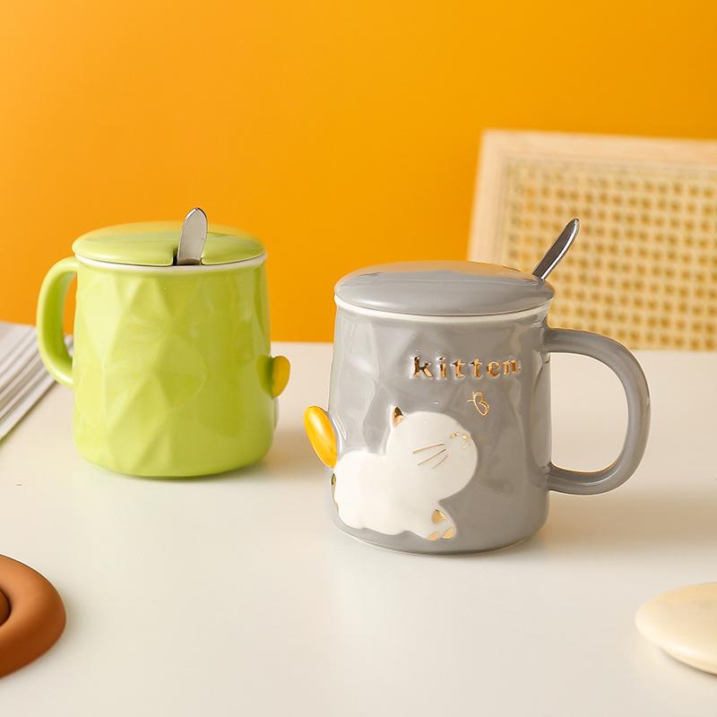 Cartoon Cute Relief Cat with Lid Spoon Ceramic Cup Gift Set Mug Creative Personality Water Cup Girls