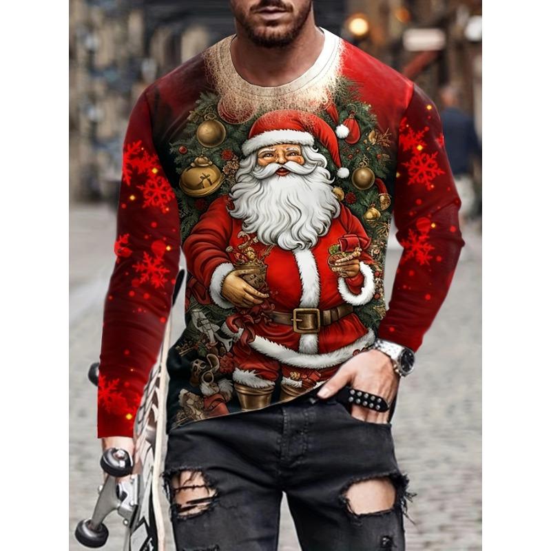 Camisetas de manga larga con estampado 3D de Papá Noel para hombre, camisetas con estampado de Papá Noel para fiesta de Navidad, moda informal para hombre, cuello redondo, manga larga