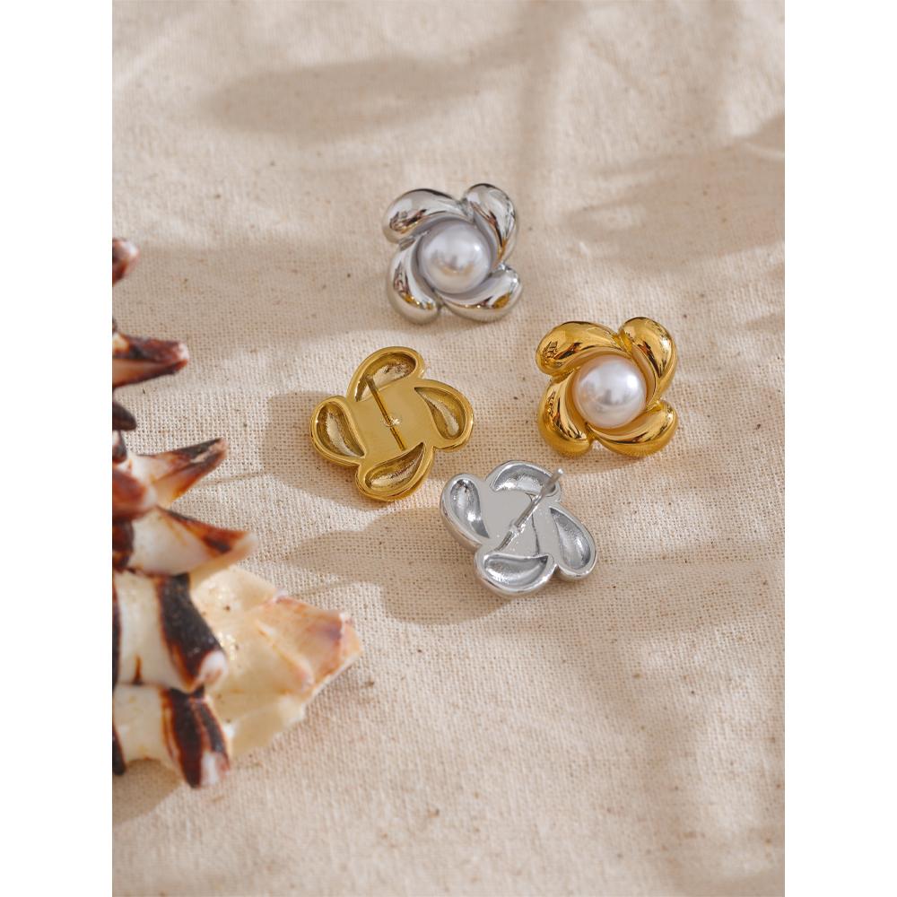 Yhpup Stylish Imitation Pearls Metal Flower Stud Earrings Charm Stainless Steel Rust Proof Versatile Daily Jewelry Accessories