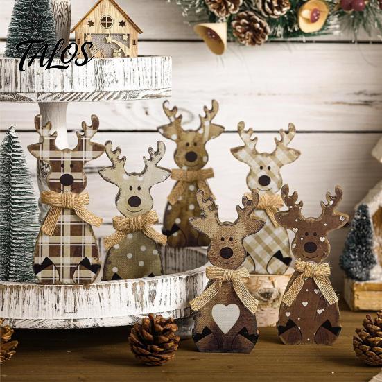 Winter Wonderland Party Decorations Wooden Christmas Tabletop Decor, Rustic Reindeer Animal Figurines, Farmhouse Style Plaid Fabric Bow Holiday