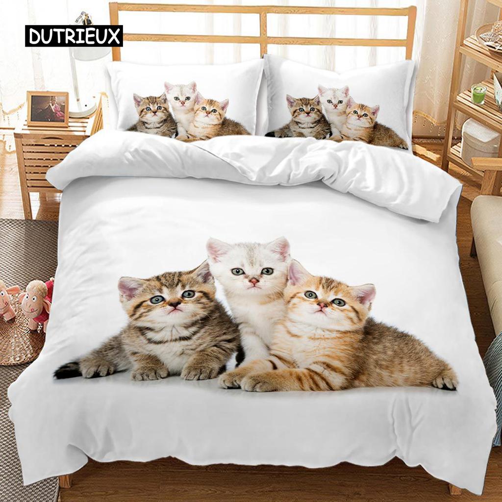 3D Digital Printing 2/3pc Animal Cat Pattern Quilt Cover Pillowcase Double Bed Set Cover Quilt Soft Microfiber Bedding Set