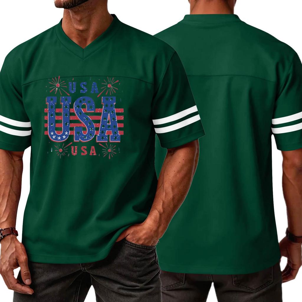 Men V Neck Casual Short Sleeve Sports T Shirt with USA Print Athletic Fit Comfortable Lightweight Top for Daily Wear
