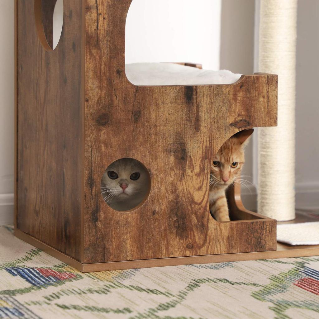 FEANDREA 86 cm Cat Tree, Medium Cat Tower with 3 Beds and Cave, Cat Condo Made of MDF with Wood Veneer, Sisal Post and Washable Faux Fur, Vintage