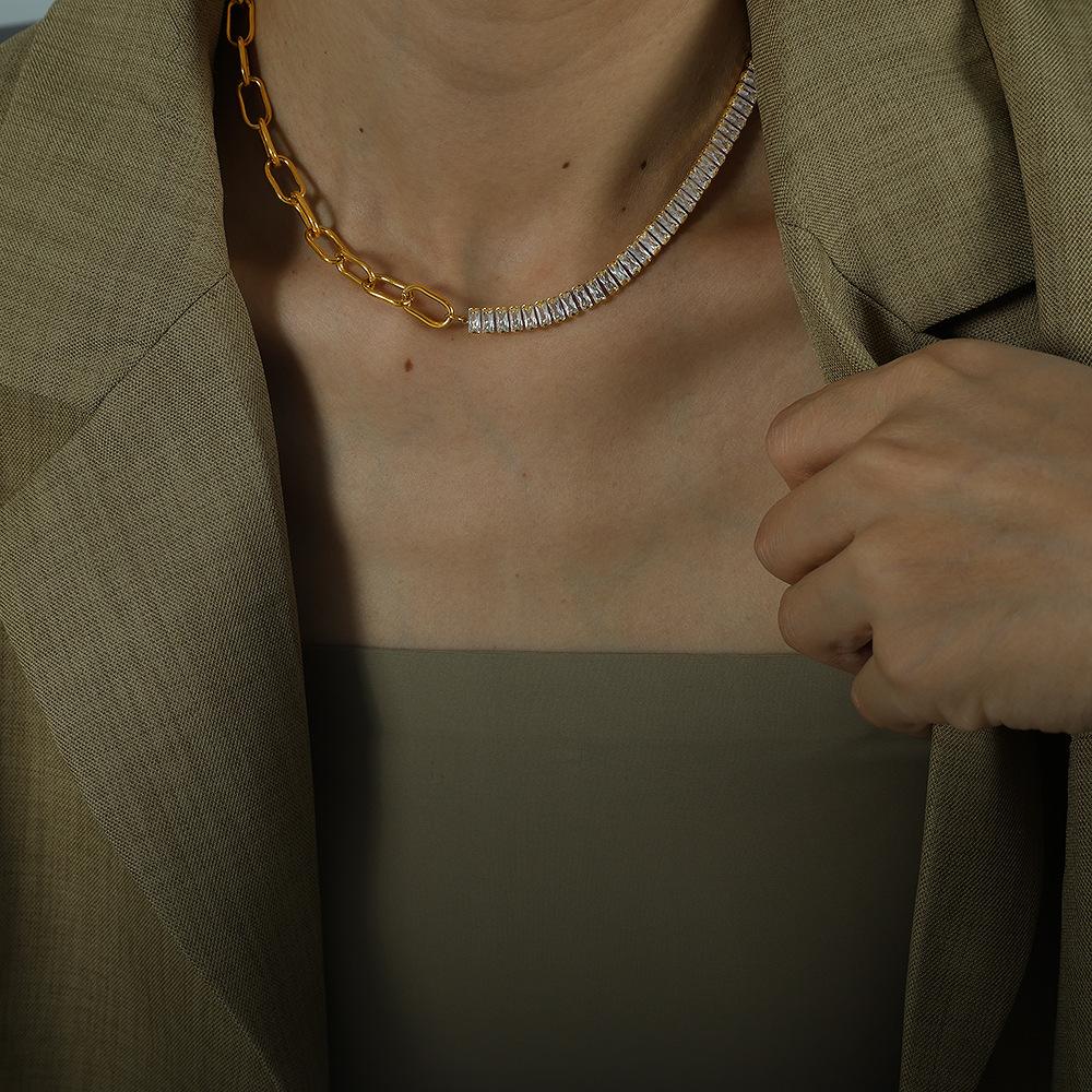 South Korea Dongdaemun cold wind design zircon splicing necklace bracelet earrings set simple