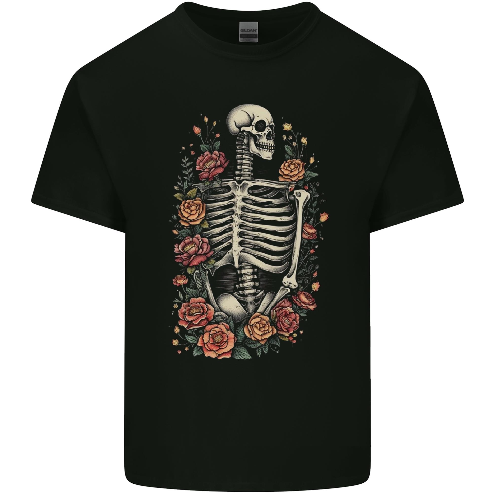A Skeleton With Flowers Skull Unisexs Light Cotton TShirt S