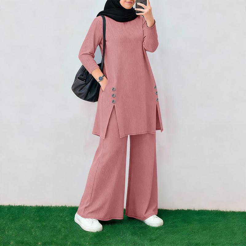 

ZANZEA Women Long Sleeve Blouse and Pants Muslim Casual Two Piece Suit Sets S рожевий