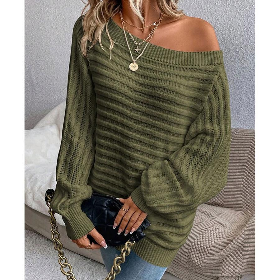 Autumn Winter New Solid Color 3D Ribbed Horizontal Stripe One-Shoulder Batwing Sleeve Pullover Knit Sweater for Women