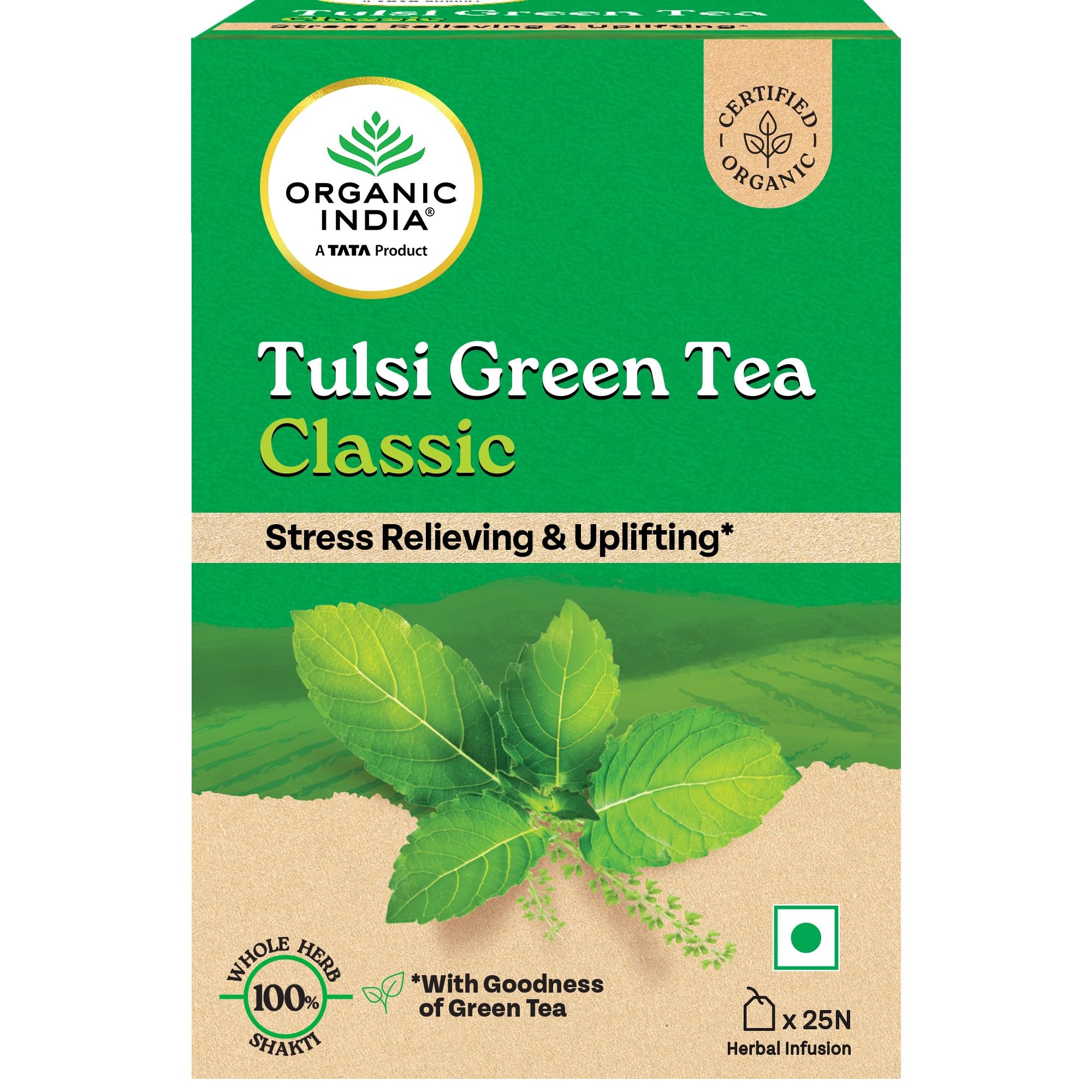 Продукт TATA - Органический чай Tulsi Green Tea Classic от Organic India - 25 чайных пакетиков, Поднимает настроение, Богат антиоксидантами, Смесь Рамы, Кришны и Вана Тулси, Серт