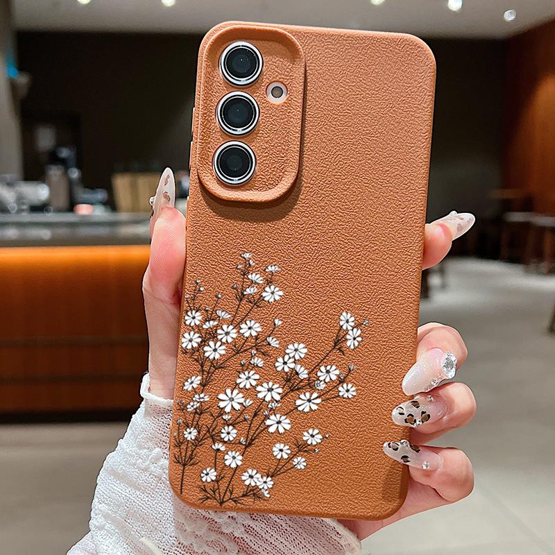 Floral Print TPU Leather Texture Slim Phone Case For Samsung S25 Ultra S24 FE S23 S22 A56 A36 A16 A15 A55 A35 Matte Shockproof Soft Bumper Cover