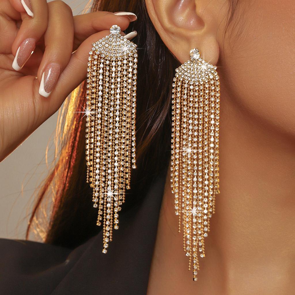 Schwerindustrie Glänzende Strass Lange Fransenohrringe