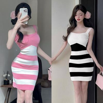 New Striped Splicing Contrasting Color Tight Suspender Hip Vest Dress Hip Skirt Slim Suspender Skirt
