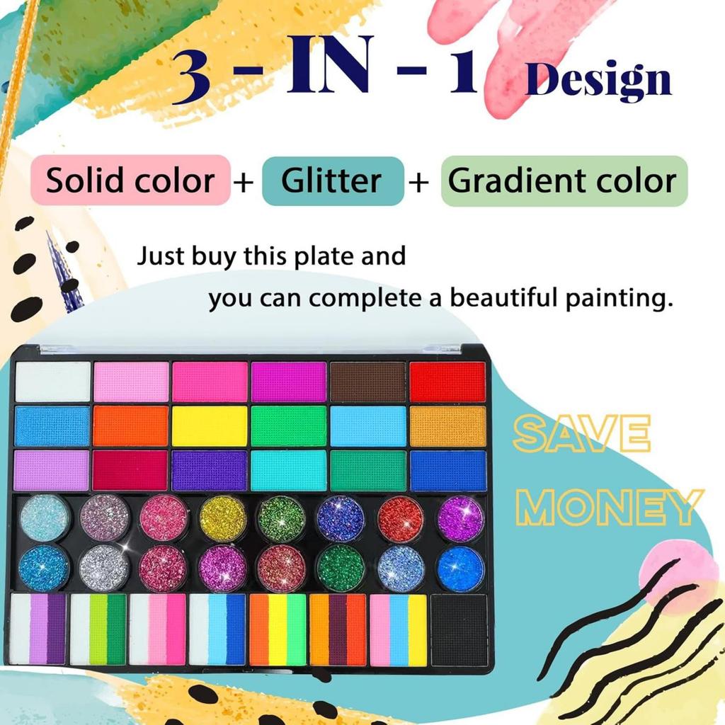 Face Paint Palette, Halloween and Easter Face Painting Makeup, Bright Colors, Quick Drying, Glitter, Gradient Effects & Stencils