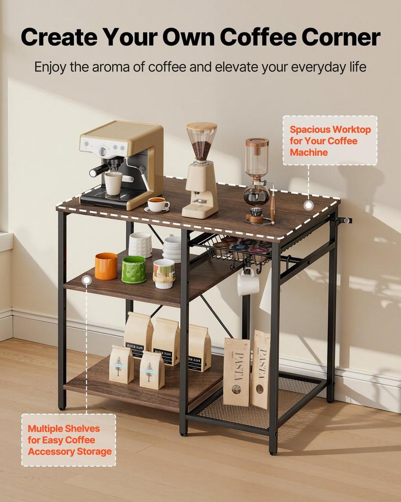 Estantería de Cocina para Panaderos, Estantería para Panaderos de 900 mm de Ancho, Soporte de Cocina con Barra de Soporte en Forma de X, 5 Ganchos en Forma de S, Estante de Almacenamiento Multicapa, Soporte para Barra de Café