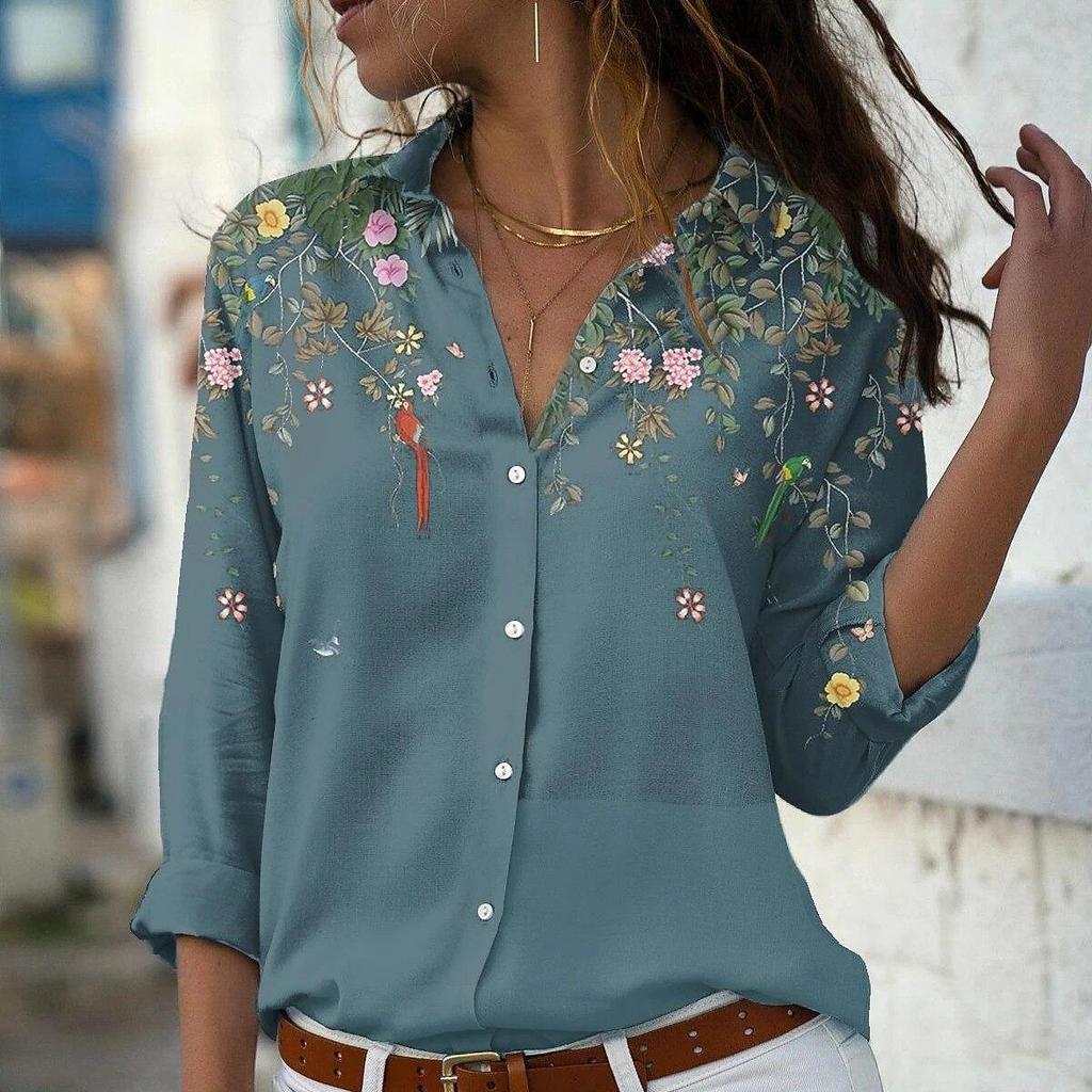 Camicia Stampata a Maniche Lunghe Casual da Donna Primavera Larga Vintage Bluse Top da Donna Moda Ufficio Bottoni Camicie da Donna Bluse