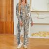 Women's Casual V-Neck Printed Long Sleeve Loungewear Set with Pockets