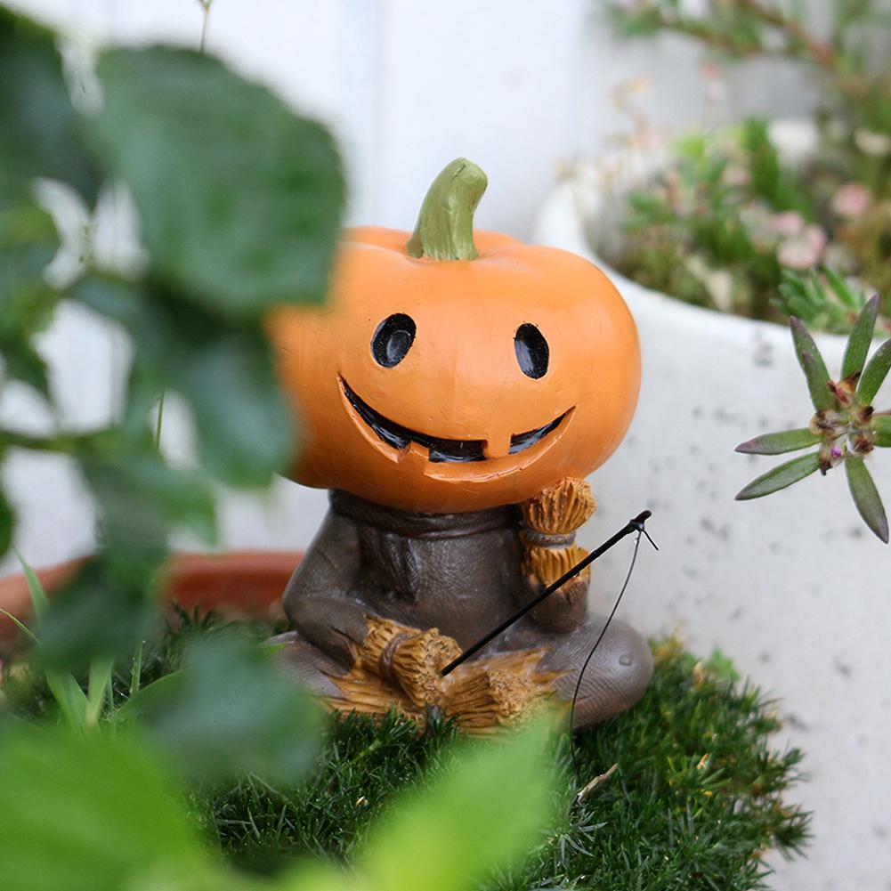 Pumpkins Scarecrows Fishing Figurine Cute Smile Pumpkins Head Fishers Sculpture Outdoor Garden Statue for Halloween