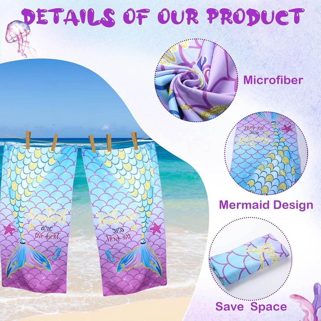 Kids Mermaid Beach Towels Quick Dry Sand Free Absorbent Bath Pool Beach Towel for Girls Travel Shower Swimming Camping Kids