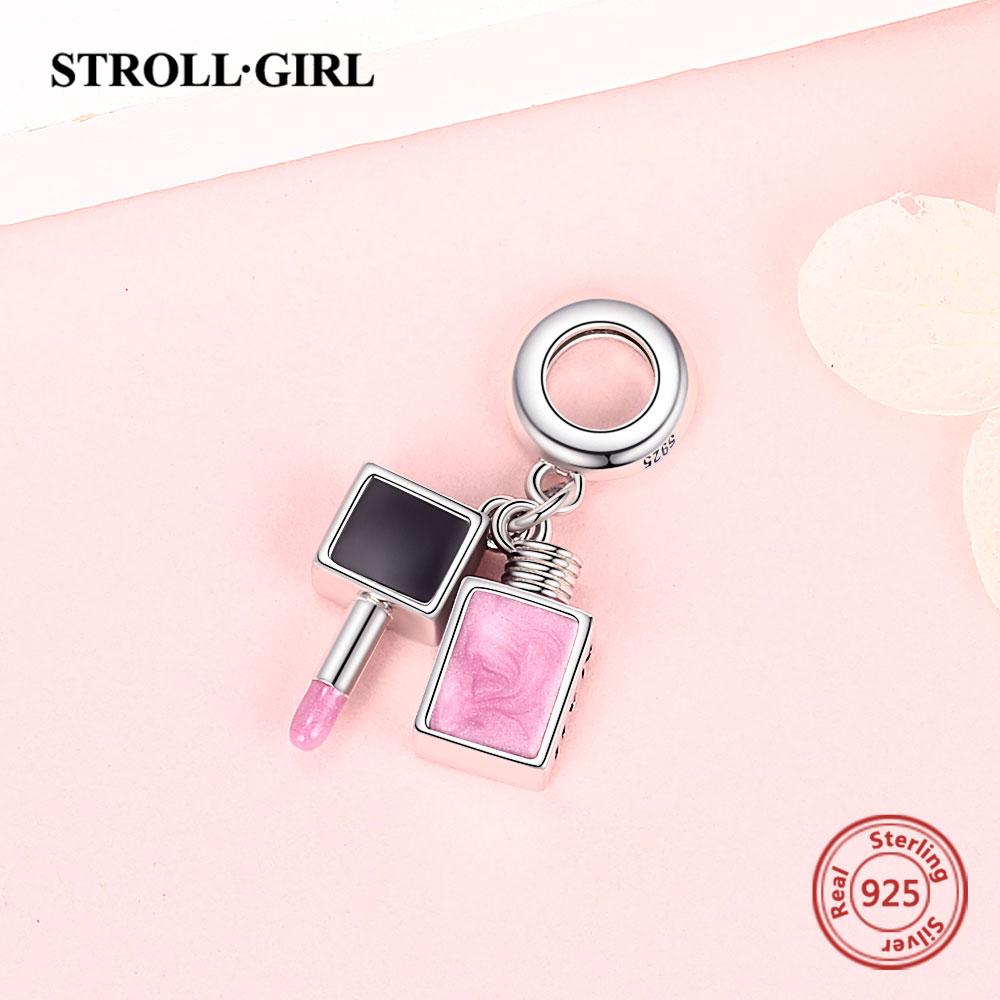 Fit Original European Bracelet 925 Sterling Silver Pink Enamel Dangle Beads Nail Polish Pendant Charms For Women Fashion Jewelry
