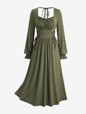 Rosegal Plus Size Solid Color Lace Up Ruffles Ruched Poet Sleeves Dress