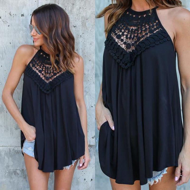 European Style Loose Fit Sleeveless Cotton T Shirt With Lace Splicing For Casual Women