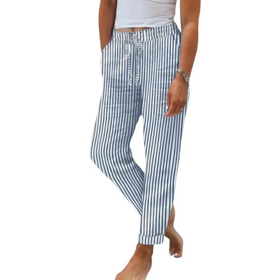 Women Harem Pants Adjustable Elastic Waistline Striped Print Boho Pants with Pockets Lightweight Breathable Casual Trousers