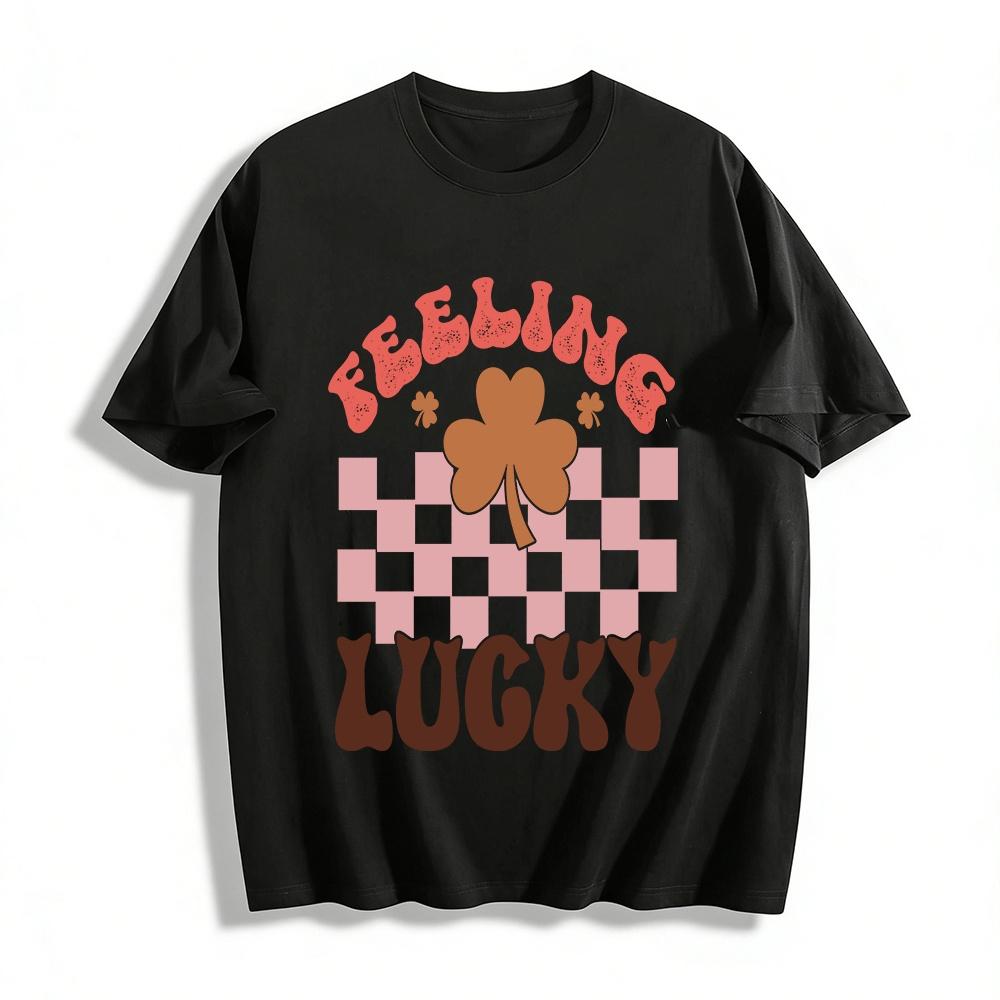 Feeling Lucky Retro Checkerboard Shamrock Graphic Tee For Women Pure cotton T-shirt XXS