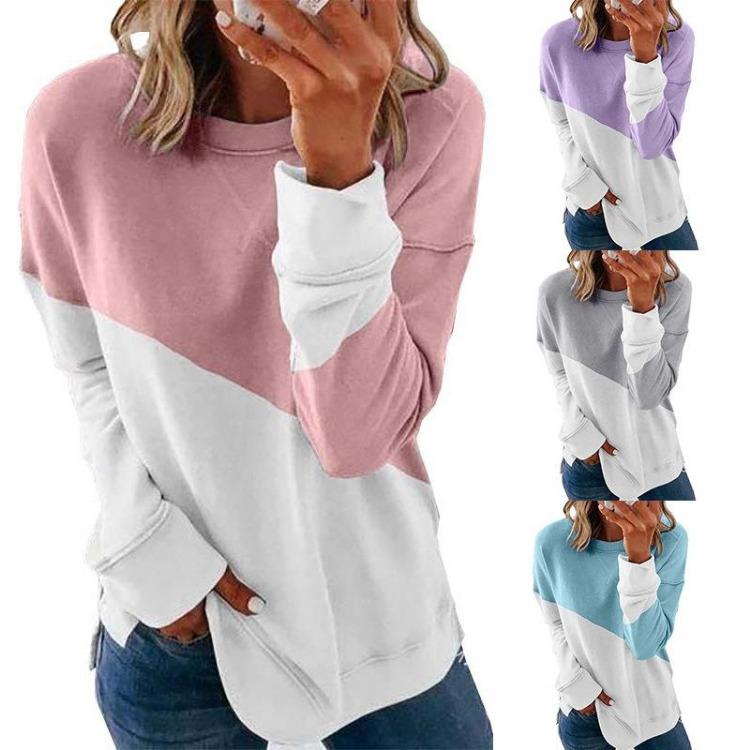 Sweater Top with Casual Loose Long Sleeve Round Neck Contrast Color