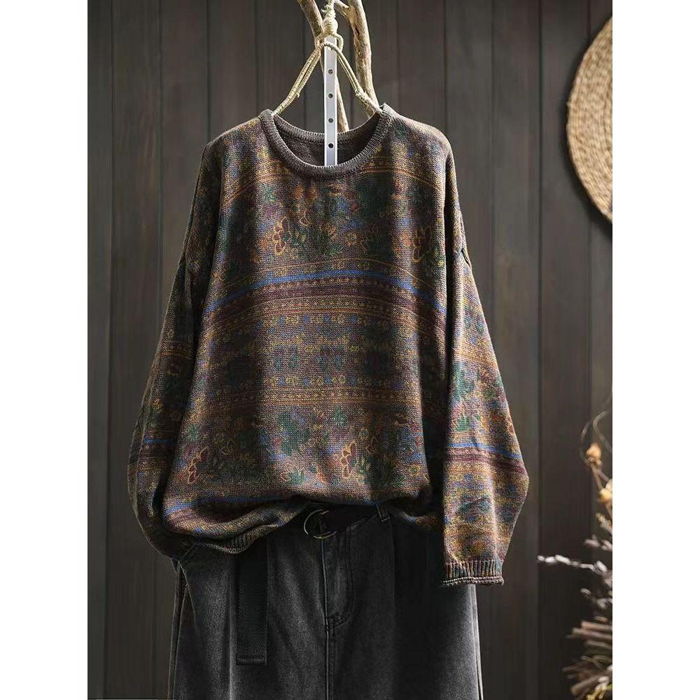 Woman Autumn Niche Vintage O-Neck Casual Loose Retro Sweater Chinese Style Long Sleeves Print Sweater