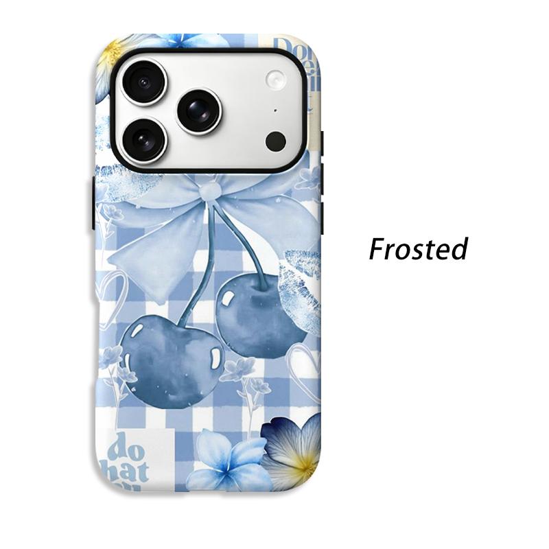 Chic Blue Checkered Cherry Bow Decorative Art Graphic Film Aesthetic Protective Shockproof Bumper Phone Case Cover For iPhone 14 15 16 17 Pro Max Plus