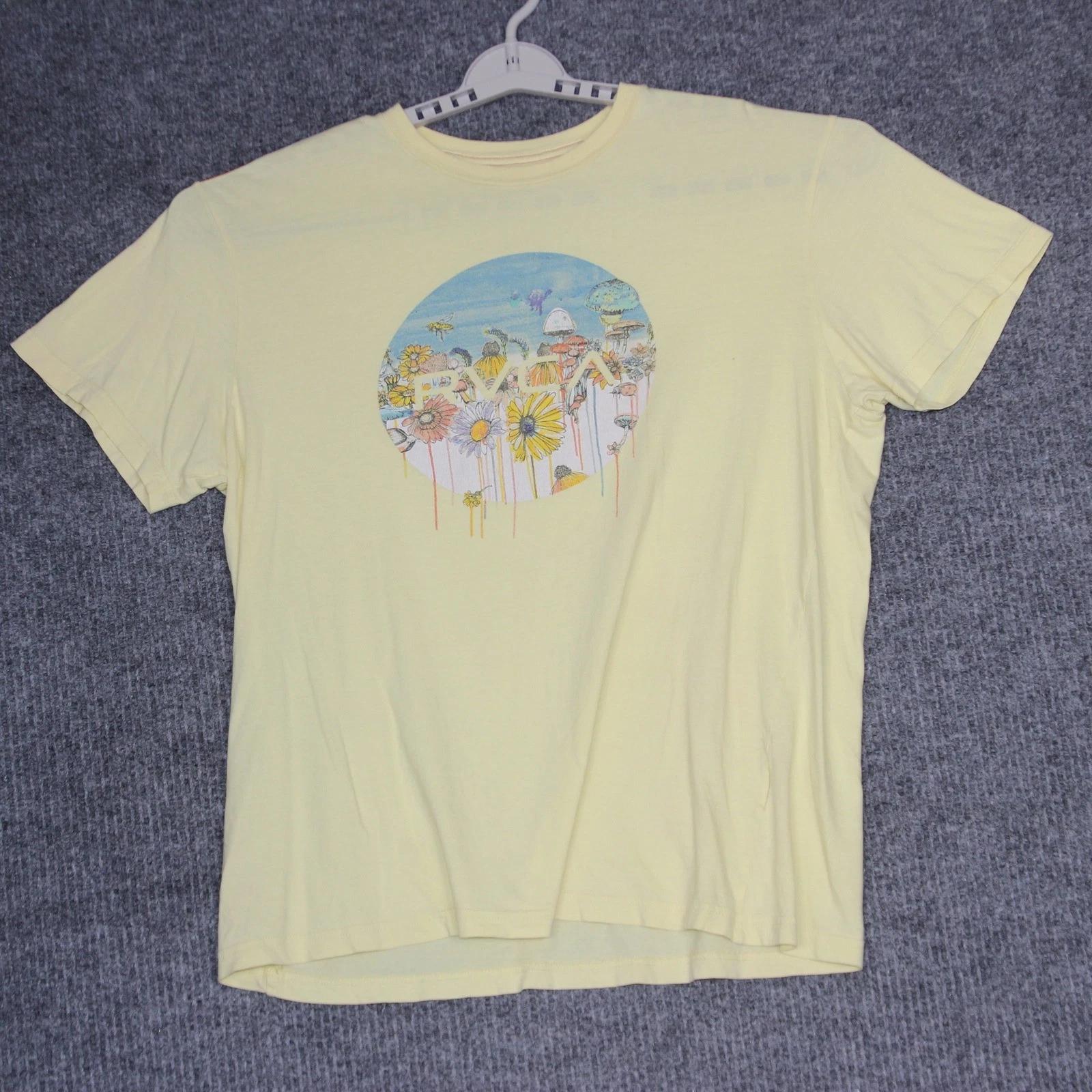RVCA Vintage Wash Yellow Graphic T Shirt XL Mushrooms Flowers Nature Print 3XL