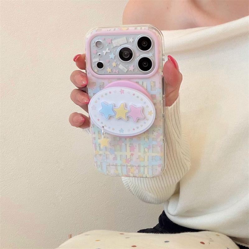 Korean-Style Colorful Plaid Star Magnetic Stand Case for iPhone 17 Pro Max/16 Pro/15 Pro