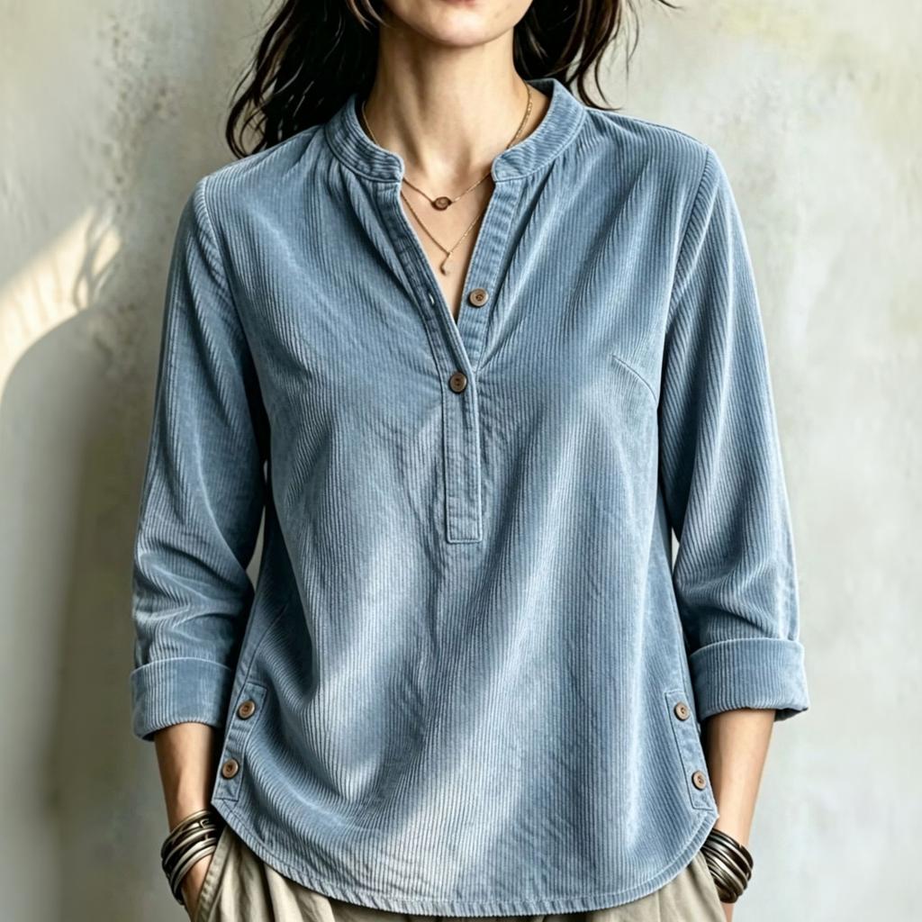 Chemise à Manches Longues Boutonnée Col en V en Velours Côtelé pour Femme, Style Décontracté