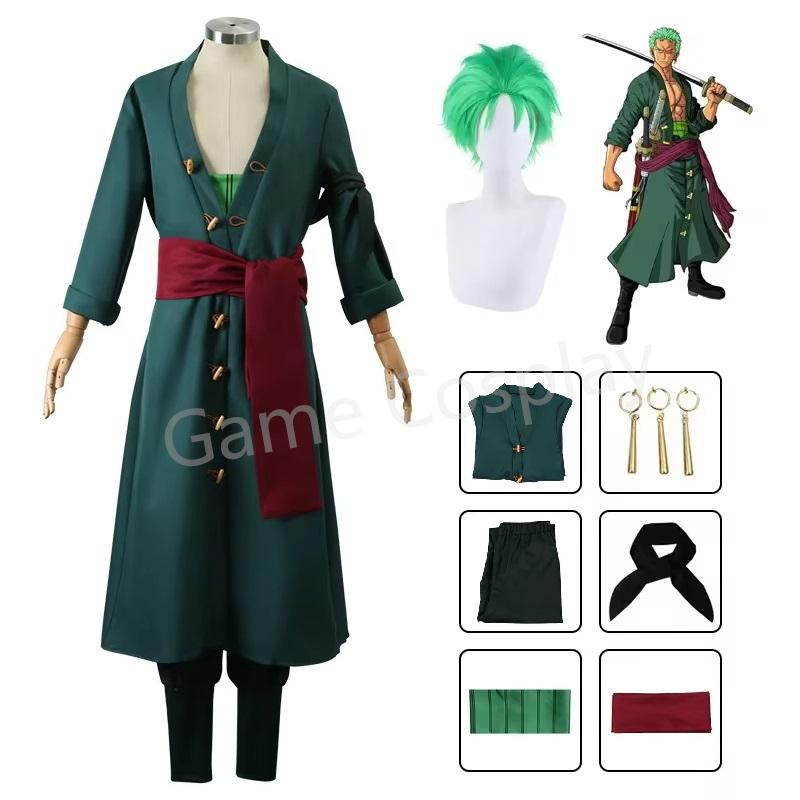 

Anime Figures Roronoa Zoro Cosplay Costume Uniform Green Coat Pants Head Scarf Roronoa Zoro Wig Earrings Halloween Men Clothes XXL&ONE PIECE