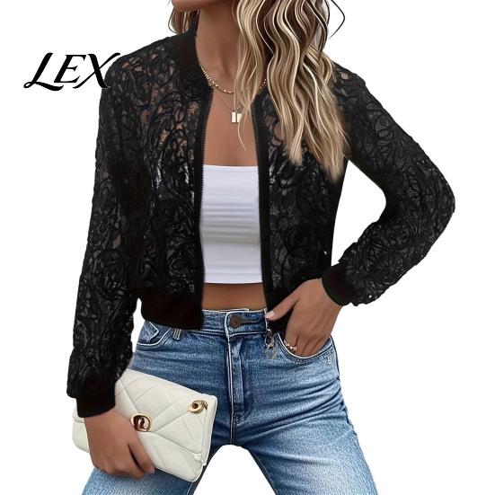 Polyester Women Jacket Women s Floral Lace Jacket, Sexy See Through Long Lightweight Sleeve Crop Coat, Zip-Up Sheer Outerwear Print S чёрный
