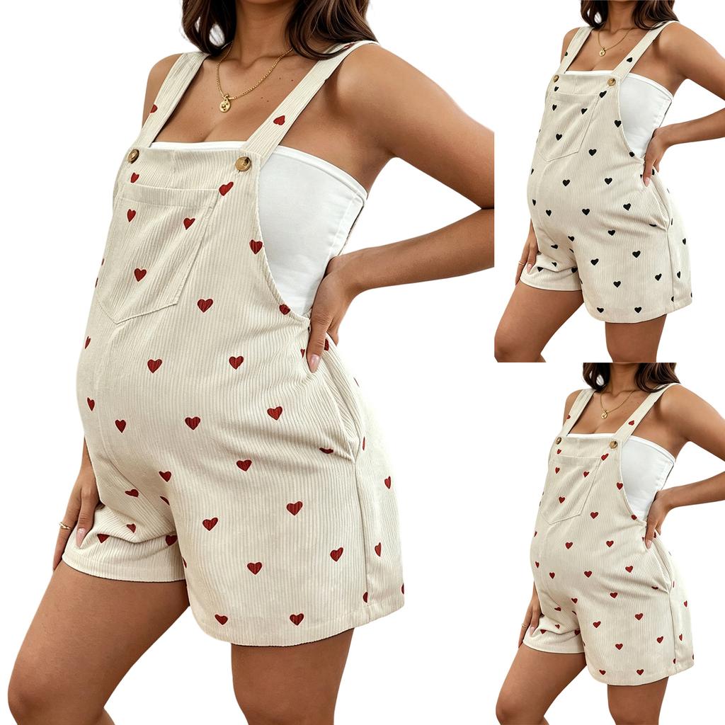Maternity Overalls Shorts Corduroy Adjustable Straps Loose Fit Heart Print Sleeveless Romper Comfortable Pregnancy Wear