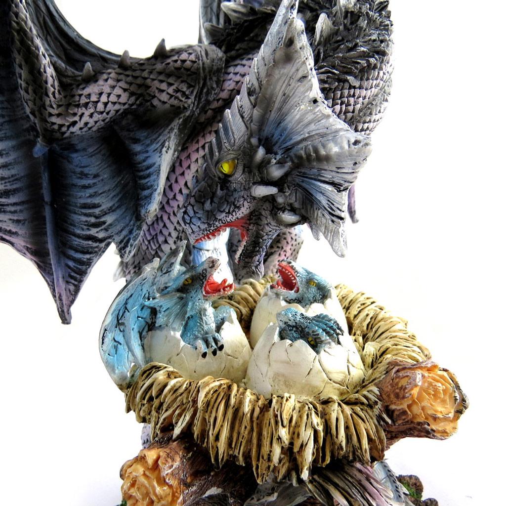 Les Trésors De Lily [L8838] - Figurine 'Mystical Dragon and Its Little Ones' Grey-blue - Height 38 Cm