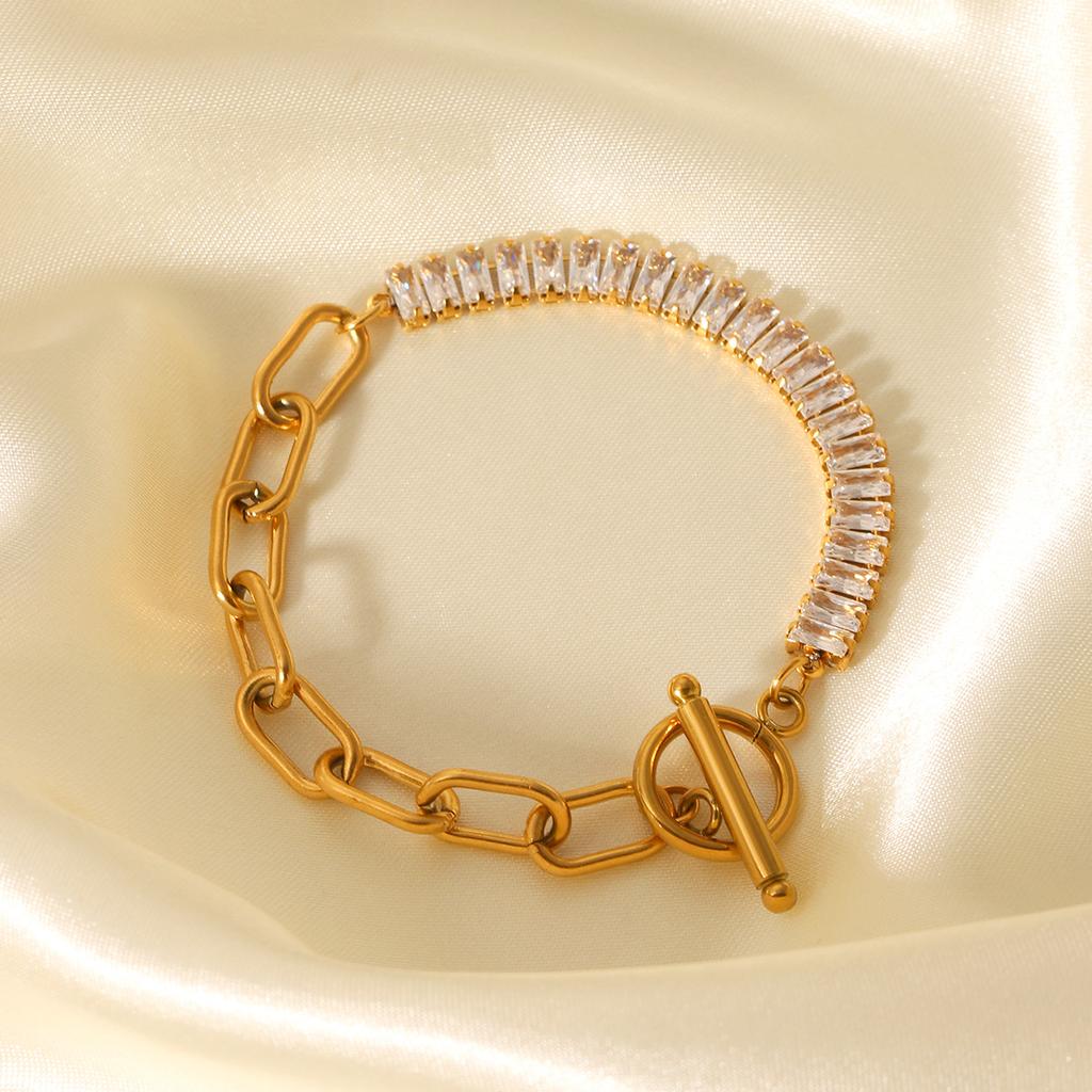 OT Buckle Stainless Steel Cross Chain Spliced Zircon Bracelet for Women, Premium Titanium Steel Bracelet