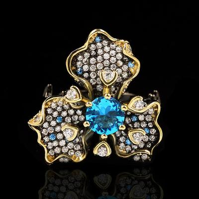 Schwarz und Gold Zweifarbiger Blumen-Diamantbesatz Damen Übertriebener Ring